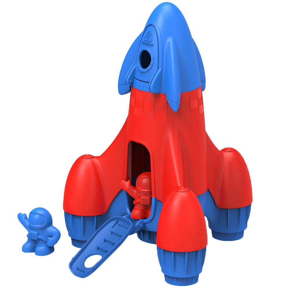 Rocket with red middle, blue top and blue base. Door open at the bottom, one red waving astronuat in rocket, one blue outside.