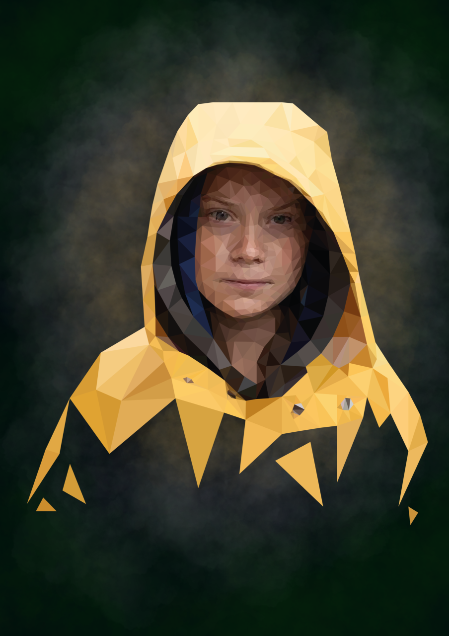 Print of Greta Thunberg (a white girl) in a yellow raincoat in geometric photo style.