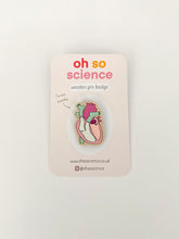 Load image into Gallery viewer, Pin badge is shaped like an anatomical heart. Different sections of the heart are in different colours. Pin badge is attached to a backer that reads &#39;oh so science wooden pin badge&#39; and &#39;I&#39;m eco friendly&#39; with website &amp; social media details.
