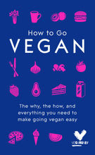 Load image into Gallery viewer, Book cover is dark blue with pink illustrations of food. In white letters cover reads &quot;How to Go Vegan, the why, the how, and everything you need to make going vegan easy&quot;. The bottom right has Veganuary logo.
