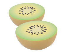 Load image into Gallery viewer, Two halves of wooden kiwi fruit are brown on outside and green inside with black seeds

