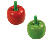 Load image into Gallery viewer, Two peppers, one red and one green, both with green stalks. 
