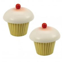 Load image into Gallery viewer, Two cupcakes with yellow bottoms, white tops and red cherries. 
