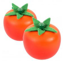 Load image into Gallery viewer, Two red tomatoes with green leaves and stalks. 
