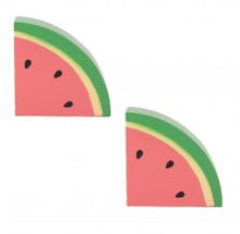 Load image into Gallery viewer, Two watermelon slices with green rinds, red fruit and black seeds. 
