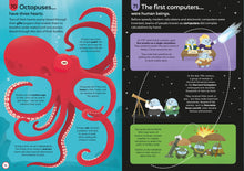 Load image into Gallery viewer, Inside spread shows 2 facts, one about octopuses and the other about human computers. 8 blue characters, 3 of which wearing french wigs, 2 bald females and 2 soldiers with helmets.
