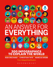 Load image into Gallery viewer, Book cover is red with graphics in circles. Subheading reads &#39;200 infographics to explain the world&#39;. Infographics with people feature mix of light, medium and dark-skinned men and women. One infographic shows a person in a wheelchair.
