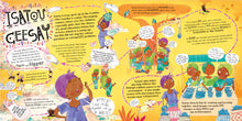 Load image into Gallery viewer, Inside spread focuses on Isatou Geesay (a dark-skinned woman wearing a head covering) and shows illustrations of people crafting together.

