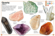 Load image into Gallery viewer, Pages 56-57 focus on Quartz. There are 7 photos of different types of quartz with their names and identifying details. There&#39;s an infographic in the top right showing the colour range. Underneath page title (Quartz) is a pronunciation guide for the word and main text about the rock.
