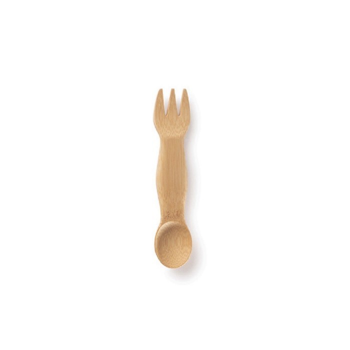 Wooden spork has a 3-tined fork on one side and a spoon on the other, joined by a handle. 