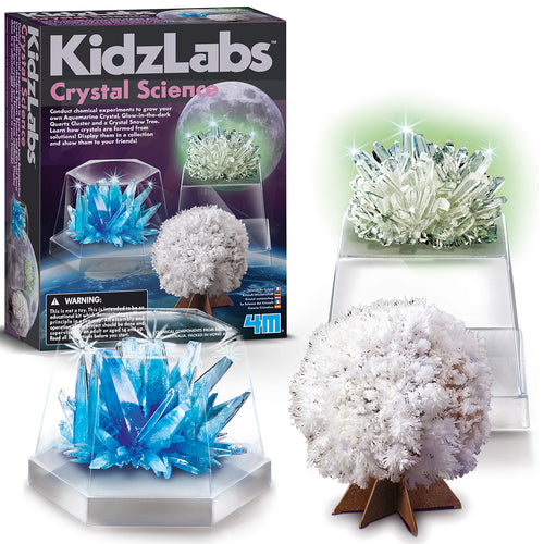 Kidzlabs Crystal Science Kit with photos of three completely grown crystals.