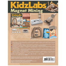 Load image into Gallery viewer, Reverse of box shows box contents and four activities included (magnetic levitation, magnetic mining cart, anti-gravity cave, fun magnetic dust). Face on the fun magnetic dust is light-skinned.
