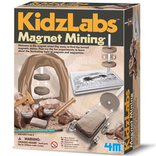 Load image into Gallery viewer, KidzLabs magnet mining kit box is brown with pictures of contents, including anti-gravity cave, magnetic sand, and mining cart.
