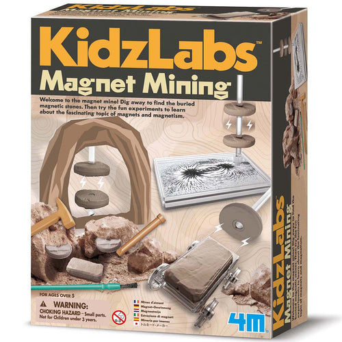 KidzLabs magnet mining kit box is brown with pictures of contents, including anti-gravity cave, magnetic sand, and mining cart.