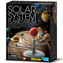 Load image into Gallery viewer, Front of box shows picture of space with Jupiter, Saturn and Uranus visible. In the foreground of the box is the planetarium model fully built. Title of the box reads &#39;Solar System Planetarium&#39;.

