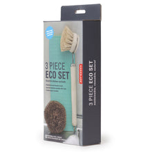 Load image into Gallery viewer, Side view of the box shows words &quot;3 piece eco set, sustainable, reusable, natural&#39;
