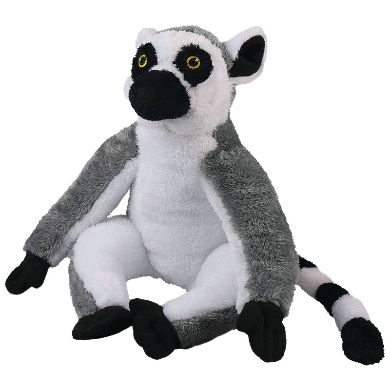 Soft toy ring-tailed lemur shown from front. Sitting on back legs with tail wrapped around to front & arms out to sides. Lemur has white stomach, grey back & black & white stripped tail.