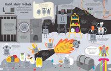 Load image into Gallery viewer, Page 7-8 focuses on &#39;hard, shiny metals&#39; and has a grey cave background. An infographic show where these transition metal elements are on the Periodic Table. Anthropomorphic elements are spaced around the page engaging in different activities.
