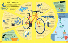Load image into Gallery viewer, Inside spread focuses on &quot;Machines&quot;. An infographic of a bicycle is surrounded by pie shaped informational sections. 2 illustrated women (one medium-skinned, one white) appear in different sections of the spread.
