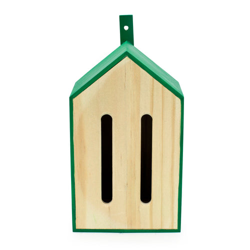 Butterfly house has plain wood front with two vertical slits in the front. Sloped room and sides are green. At the back is a strip of wood with a whole in for hanging.