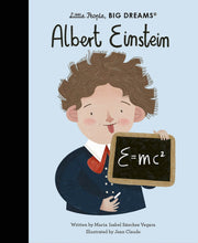 Load image into Gallery viewer, Book cover shows Albert Einstein (a white man) sticking out his tongue and holding up a small slate with &#39;E=Mc2&#39; written in chalk.
