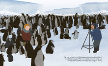 Load image into Gallery viewer, inside spread shows David and a white male photographer surrounded by penguins in Antartica.
