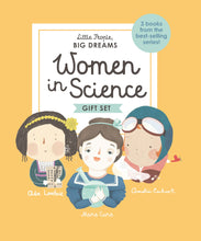 Load image into Gallery viewer, Front cover of yellow box set shown. Title reads &#39;Women in Science Gift Set&#39; with brand &#39;Little People Big Dreams&#39;. Note reads &#39;3 Books from the best-selling series!&#39;. 3 illustrated heads and torsos of Ada, Marie and Amelia (white women) are gathered with their names below.

