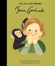 Load image into Gallery viewer, Green book cover shows Jane Goodall (a white woman with a blonde bob) with a chimpanzee looking over her shoulder.
