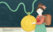Load image into Gallery viewer, inside spread shows Marie holding onto an oversized gold medal in front of a chalkboard.
