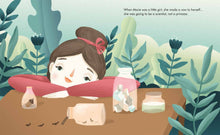 Load image into Gallery viewer, Inside spread of Marie Curie shows Marie resting her head on her arms on a table watching ants crawl into a jar. In two other jars sit an acorn and some stones. The words on the page read &quot;When Marie was a little girl, she made a vow to herself...she was going to be a scientist, not a princess.&quot;
