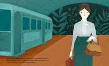 Load image into Gallery viewer, Inside spread shows Marie on a train platform with a train to Paris in the background.
