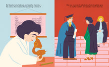 Load image into Gallery viewer, Left page shows Rosalind bent over a microscope with a periodic table chart behind her. Right page shows Rosalind in a university gown speaking to a white man with red hair in a blue gown and cap while a white woman with blonde hair (also wearing a gown) sits in a chair behind.
