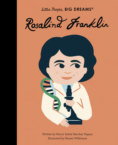 Salmon-coloured book cover shows Rosalind Franklin (a light-skinned Jewish woman with a black bob) holding onto a microscope with a DNA helix wrapped around her shoulder.