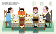 Load image into Gallery viewer, Inside spread shows Stephen Hawking at a meal with his family (father, mother, two sisters and a brother) while everyone reads books at the table.
