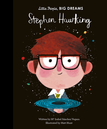 Black book cover shows Stephen Hawking (a white man) holding a black hole.