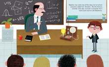 Load image into Gallery viewer, inside spread shows Stephen Hawking in the classroom speaking to a white male teacher as four white children look on.
