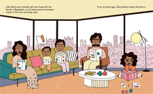 Load image into Gallery viewer, Inside spread shows Zaha Hadid with her family (father, mother, two brothers) in their living room in front of windows showing a city.
