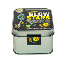 Load image into Gallery viewer, Tin reads &quot;Luminous glow stars. Stars, rockets and space objects that glow in the dark...perfect for creating your own galaxy. Contains 50pcs plus sticky fixers.&quot; Brand name Curious Caterpillar, Out of this World range. Tin lid is held down with illustrated tape.
