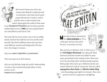 Load image into Gallery viewer, Page 4 is a continuation of women in science section and page 5 is focused on Mae Jemison &quot;the astronaut who reached for the stars&quot;. There are black and white illustrations of Rosalind Franklin, James Watson, Francis Crick on one page, and Mae Jemison on the second page.
