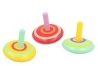 3 wooden spinning tops. From left to right, yellow, red and blue. 