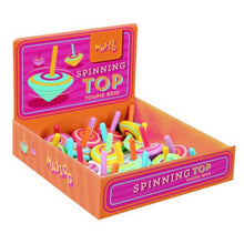 Load image into Gallery viewer, A cardboard box with assorted spinning tops inside. The box is pink and orange and reads &quot;Majigg spinning Top toupie bois&quot;
