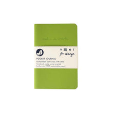 Load image into Gallery viewer, Green notebook with white band. Notebook has engraved &quot;make a mark&quot; at the top. The yellow band reads &quot;Vent for change, pocket journal, sustainable stationery with style. Notebook made using recycled leather and 100% sustainable paper.&quot;
