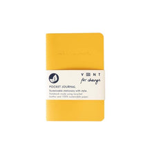 Load image into Gallery viewer, Yellow notebook with white band. Notebook has engraved &quot;make a mark&quot; at the top. The yellow band reads &quot;Vent for change, pocket journal, sustainable stationery with style. Notebook made using recycled leather and 100% sustainable paper.&quot;
