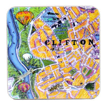 Load image into Gallery viewer, Illustrated map of Clifton shows clifton suspension bridge, Bristol Zoo and three hot air balloons floating over the river. 
