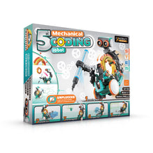 Load image into Gallery viewer, 5 In 1 Mechanical Coding Robot box is silver and turquoise with a picture of the drawing robot enlarged on the front. 
