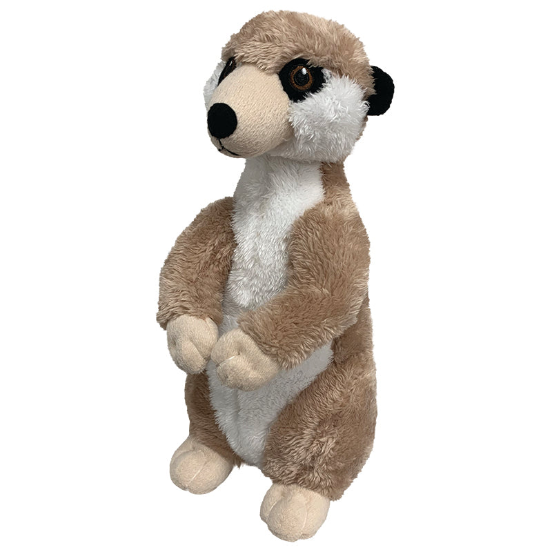 Meerkat is brown and white standing on it's hind legs. Ears, eyes and nose are black. Embroidered eyes have brown irises. Card swing tag is wrapped around neck with brown twine.