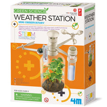 Load image into Gallery viewer, Front of box shows title &#39;Green Science Weather Station&#39;. A photo of the weather station is on the front of the box. The box is white and orange.
