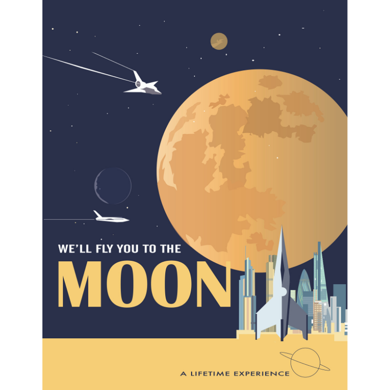 Colourful illustration on dark blue space background shows the moon with an orange shade with two rockets shooting towards it. Across the bottom, next to the text 'we'll fly you to the moon' are a set of skyscrapers and a rocket. A yellow band across the very bottom reads 'a lifetime experience'. 