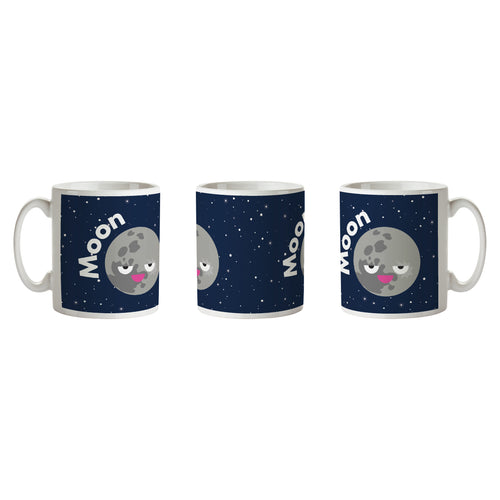 Mug is white with black background, white stars and sneaky-smiling Moon with 'Moon' written to the left.