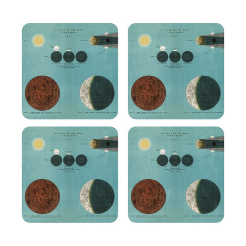 4 coasters in a 2x2 grid. Coasters have blue background and show illustration of moon eclipse with the sun, and 5 different moon pictures in different stages of shadow.